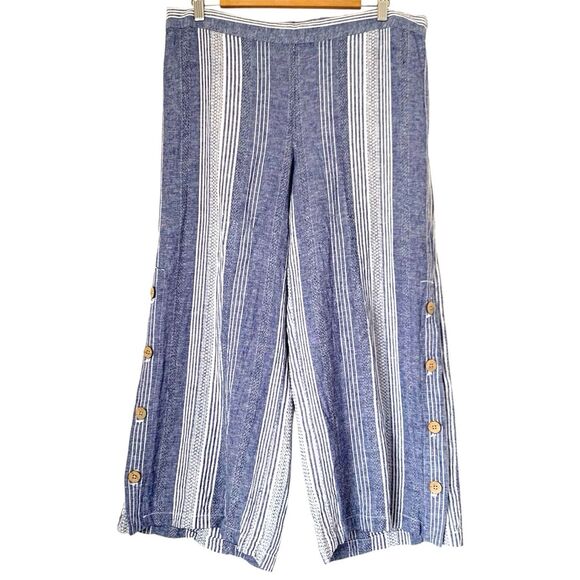 J Jill Pants L Blue Linen Striped Wide Leg Ankle Coastal Beach Vacation Resort - Picture 2 of 12